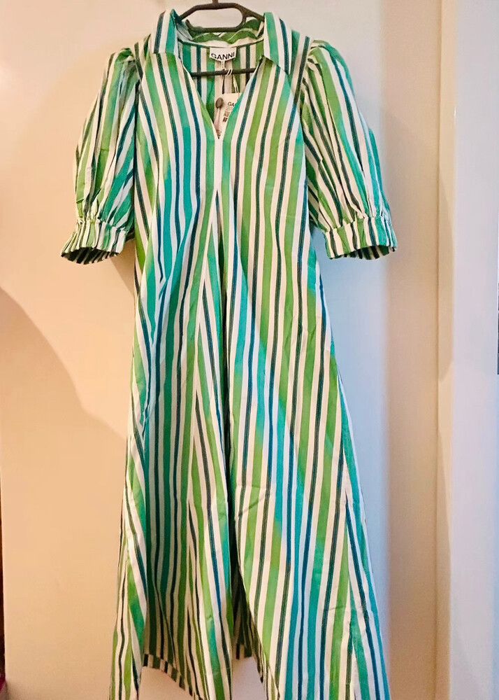 ganni green striped dress Ganni Stripe Cotton Smock Dress