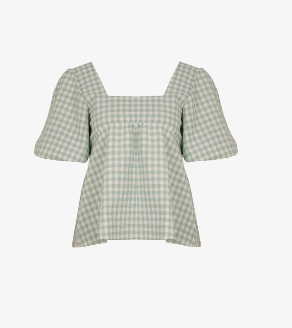 MARGIE TIE-BACK BLOUSE SAGE GINGHAM (10)