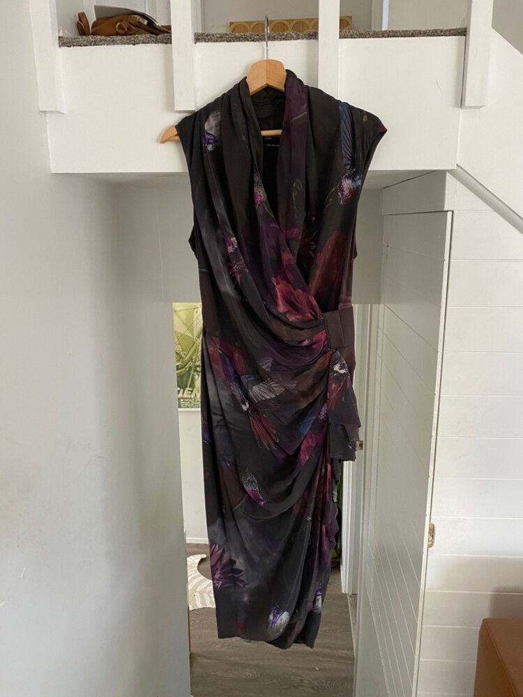 Allsaints Poison Dark Bird Print Silk Wrap Dress UK14