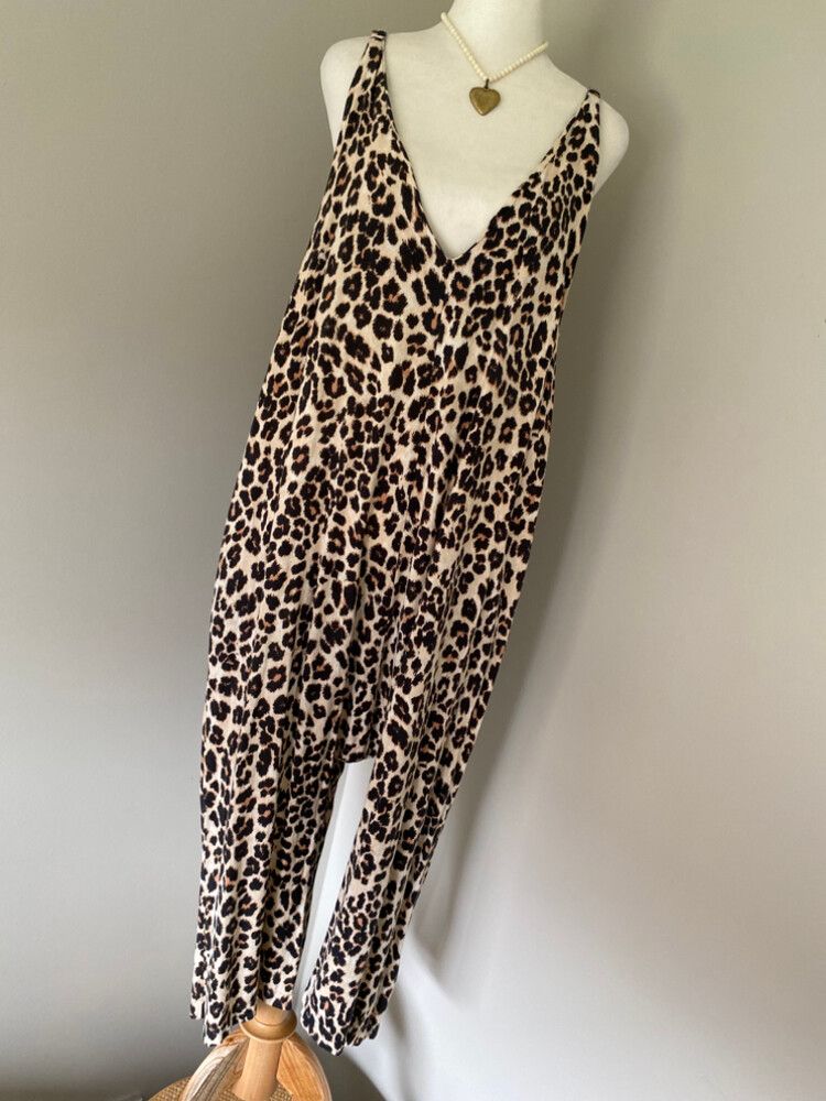 Leopard Print Cotton Harem Jumpsuit with Pockets