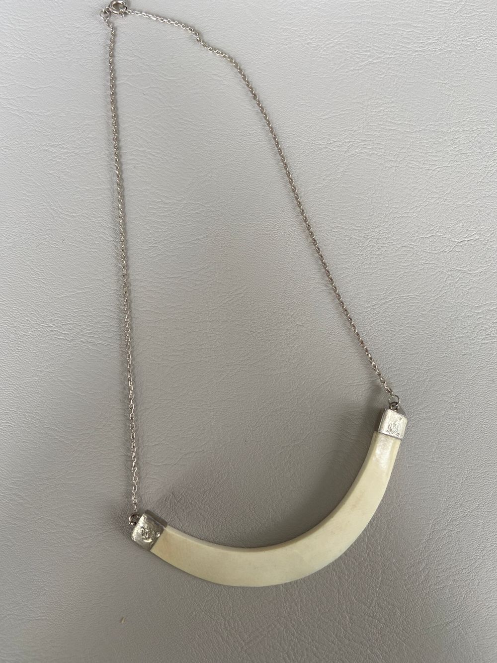 Vintage Sterling Silver Carved Bone Crescent Moon Necklace