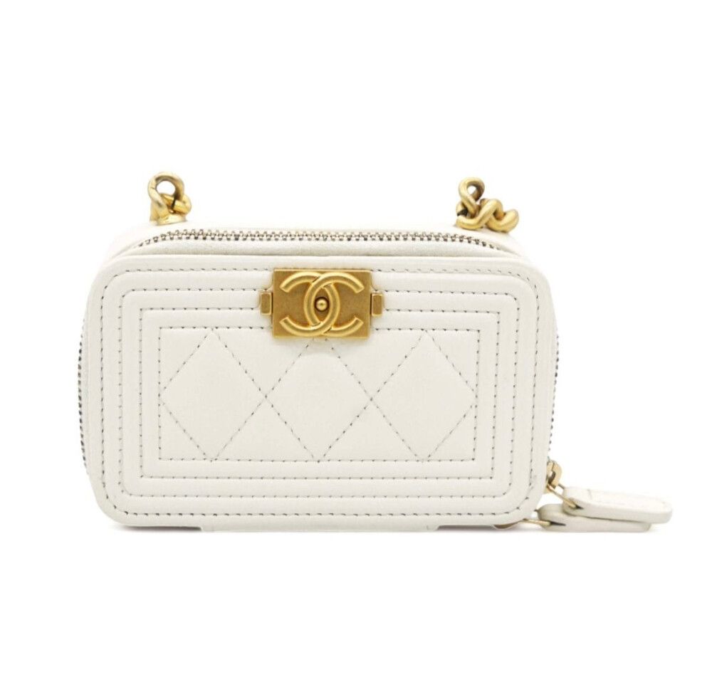 CHANEL White Caviar Mini Boy Clutch on Chain