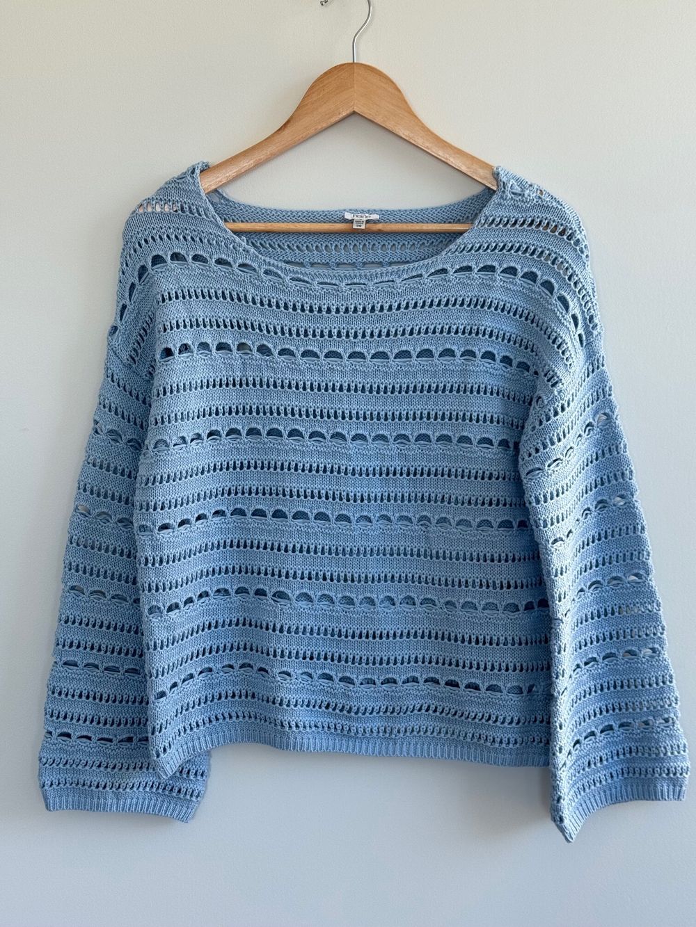 Openwork sweater from Heine, size 36. Fits M, S, XS. Baby blue color. 50/50 Cotton/acrylic.