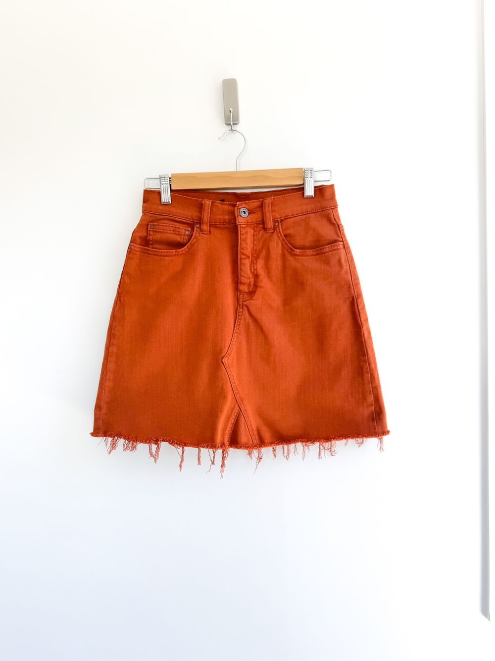 MAX Denim A-Line Mini Skirt — Rust Orange (Size ~10/8 NZ)