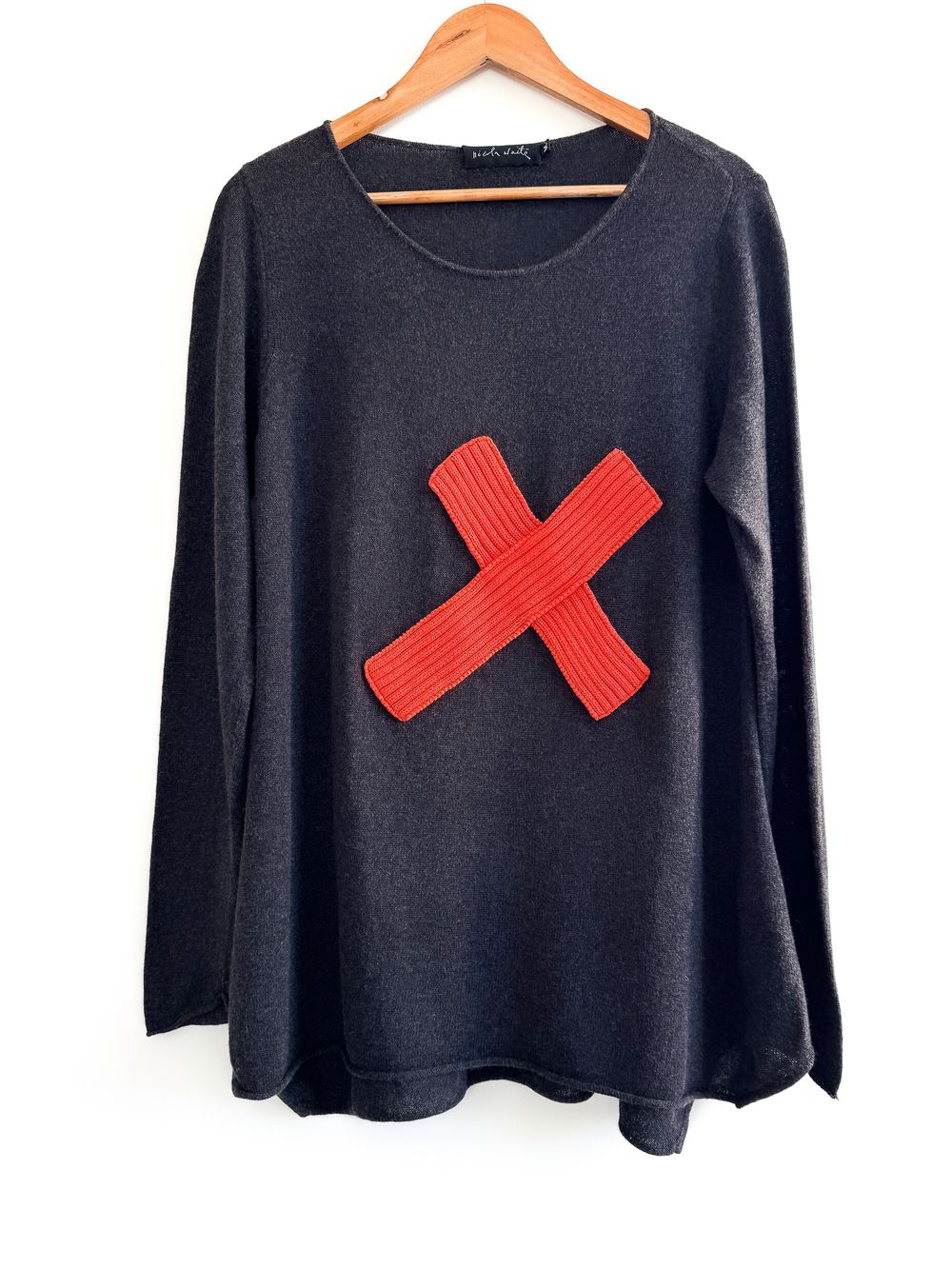 Nicola Waite Cotton Cashmere Knit Top, Charcoal Grey Designer Sweater, Size M (fits L well)
