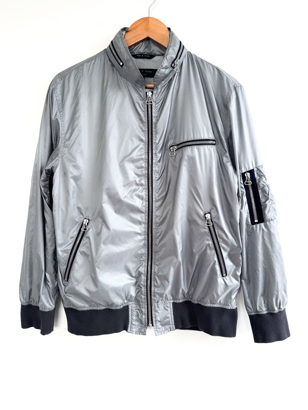 Rag & Bone USA-Made Technical Nylon Bomber Jacket, Silver Grey, Riri Zips, Size 38