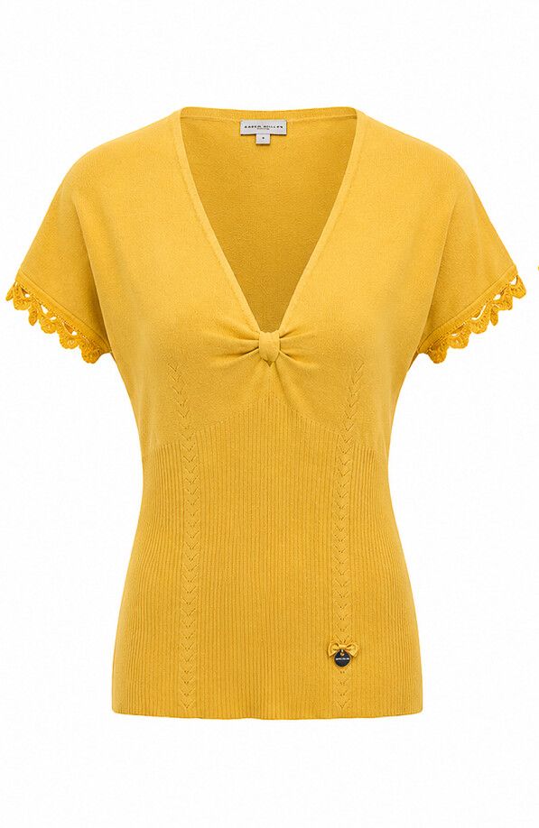 Karen Millen Sunny Yellow V-Neck Knit Top, Button Back, Size 3