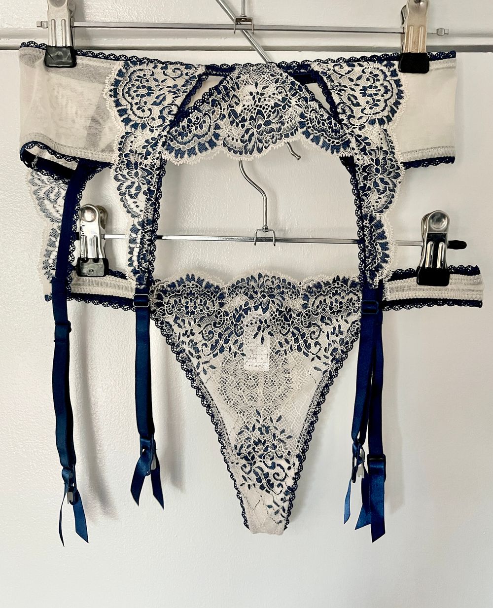 New White label lingerie set Navy Blue and Ivory Medium Suspender Belt & Small Thong G string
