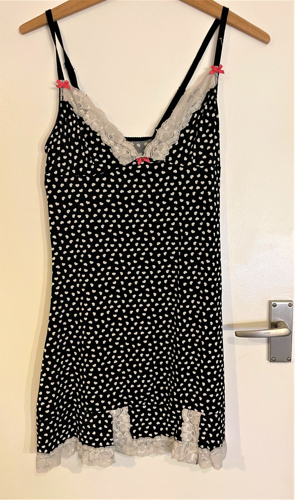 heart print Black and white lace trim chemise night slip dress nightie nighty size 12 suit  10 or 12