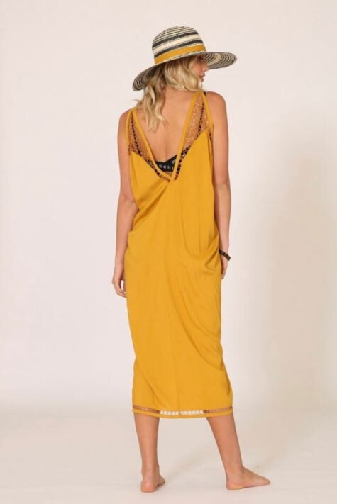 Moochi - Moochi Mustard Network Lace Detail Slouchy Maxi Dress RRP $339  size M 12 14 on Designer Wardrobe