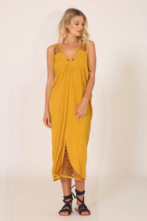 Moochi Mustard Network Lace Detail Slouchy Maxi Dress RRP $339 size M 12 14