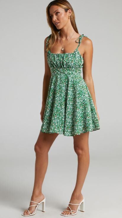 Showpo LIAHNA MINI DRESS RUCHED BUST TIE SHOULDER A-LINE fit flare  milkmaid DRESS IN GREEN FLORAL size 10