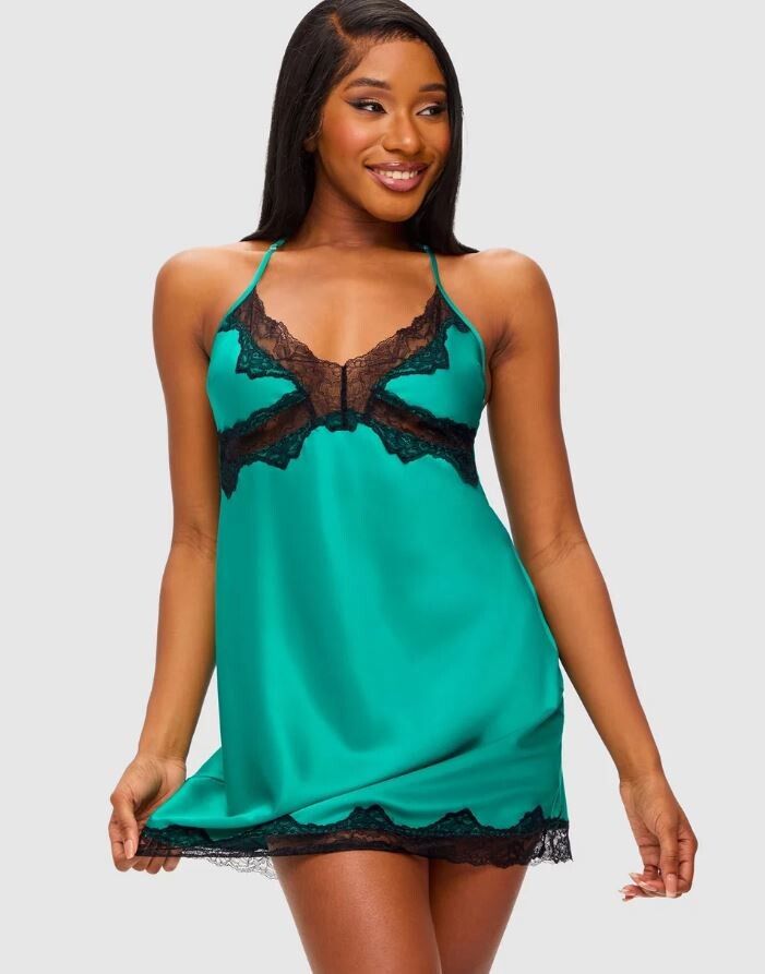 NEW emerald green satin & black lace stunning night slip dress chemise babydoll lingerie nightie sleepwear size med suit 12 slim 14