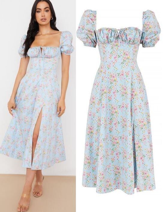 House of CB - UK House of CB Tallulah house CB light blue floral puff  sleeve peasant milkmaid style midi dress size M 10 12 $280 on Designer  Wardrobe