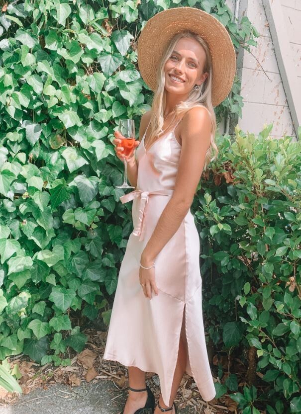 Pia Boutique - NEW PIA BOUTIQUE champagne rose gold satin slip midi dress  side split waist tie Size L suit 12 on Designer Wardrobe