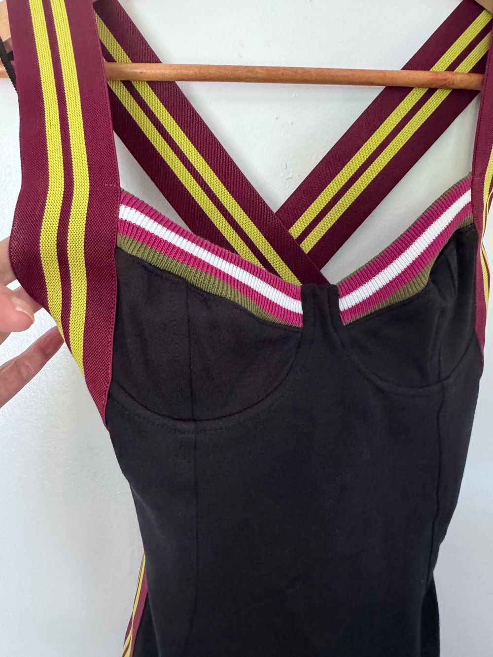 Nasty Gal Made in USA Clubbing festival black mini dress with contrasting bright retro stripe straps cross over back build in bra cups sz XS 6 8