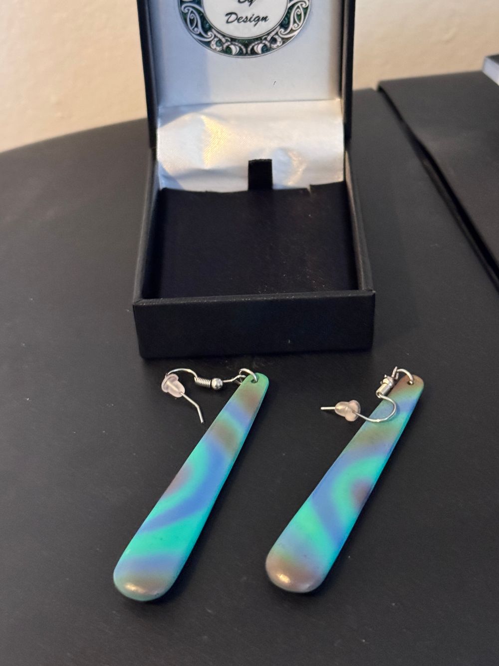 Māori by Design Turquoise green blue swirl (like paua shell colour) long Pendant earrings in box