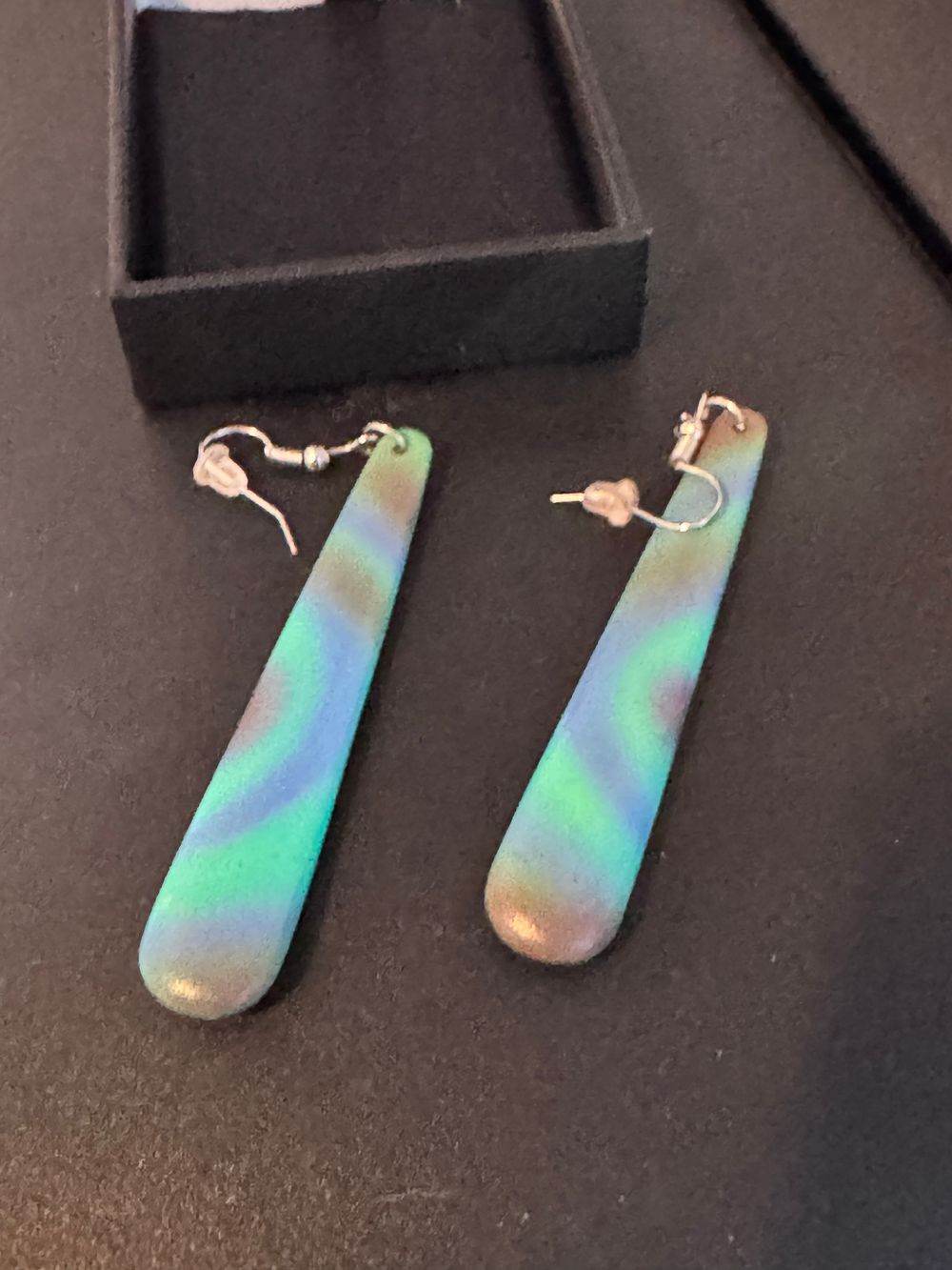 Māori by Design Turquoise green blue swirl (like paua shell colour) long Pendant earrings in box