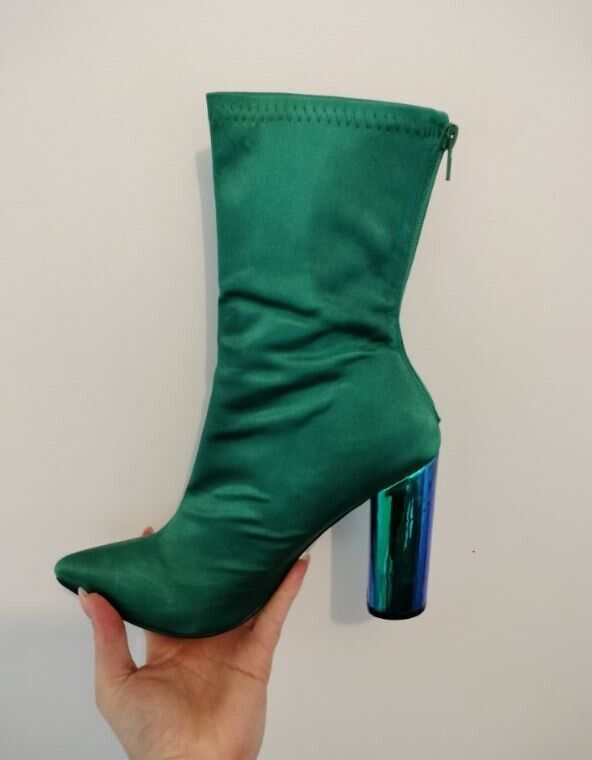 ASOS UK Glamorous metallic irridescent heel Green thick stretchy satin sock boot size 9 40 or bootie