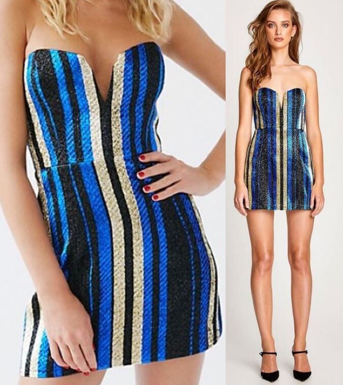 Alice McCall One World Mini strapless plunge cocktail dress RP $445AU sparkly metallic shimmer In royal blue black & gold size 12