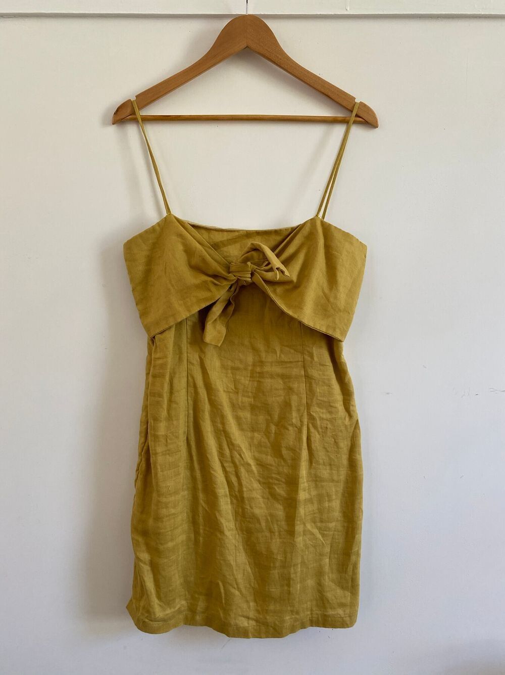 Superette beautiful Mustard Yellow Mini slip Dress 100% linen Bow tie front size 10 or slim 12