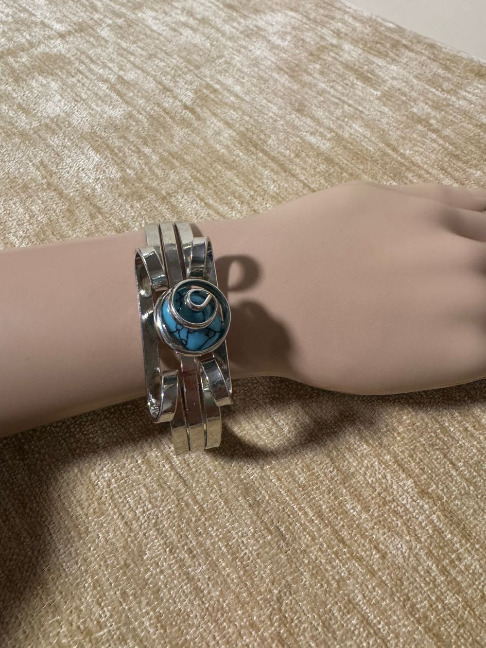 Silver Triple Band Cuff Bracelet With Turquoise Stone