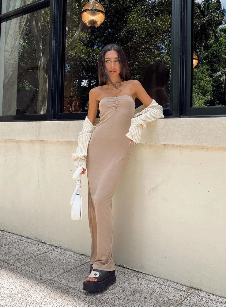 Princess Polly - Charm Strapless Maxi Dress Brown on Designer Wardrobe