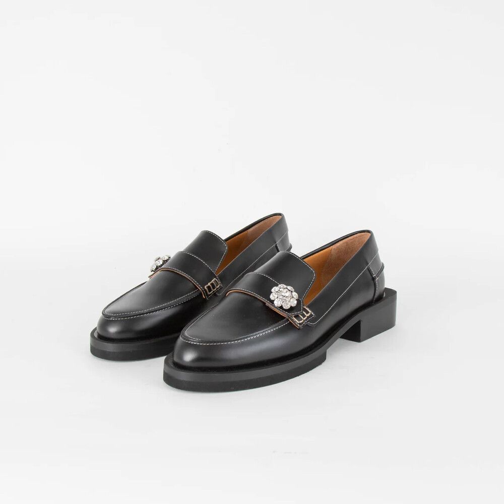 Ganni Black Crystal Flower Loafers