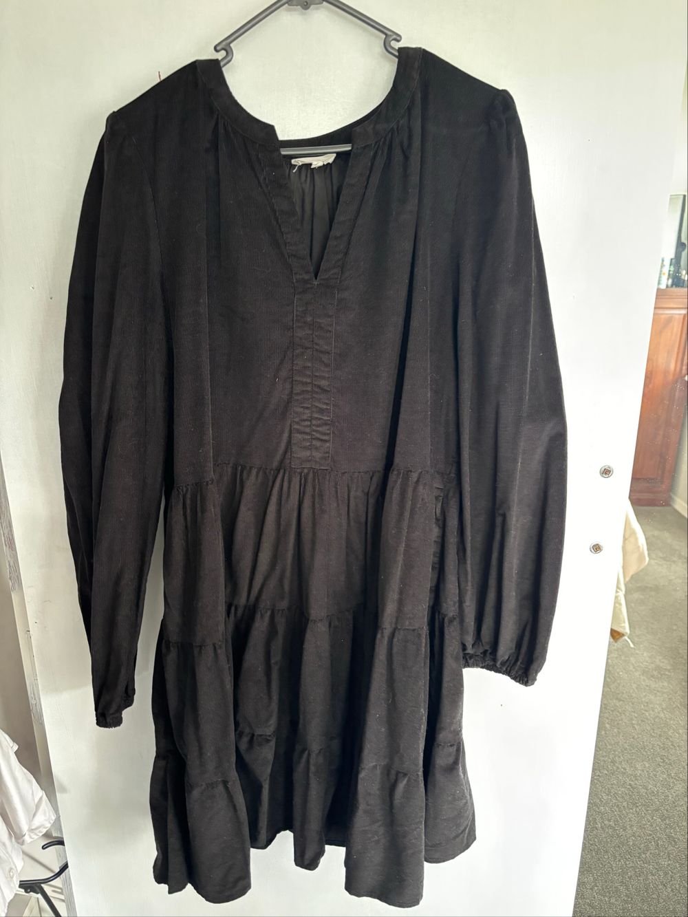 Black Tiered Long Sleeve Dress - Corduroy