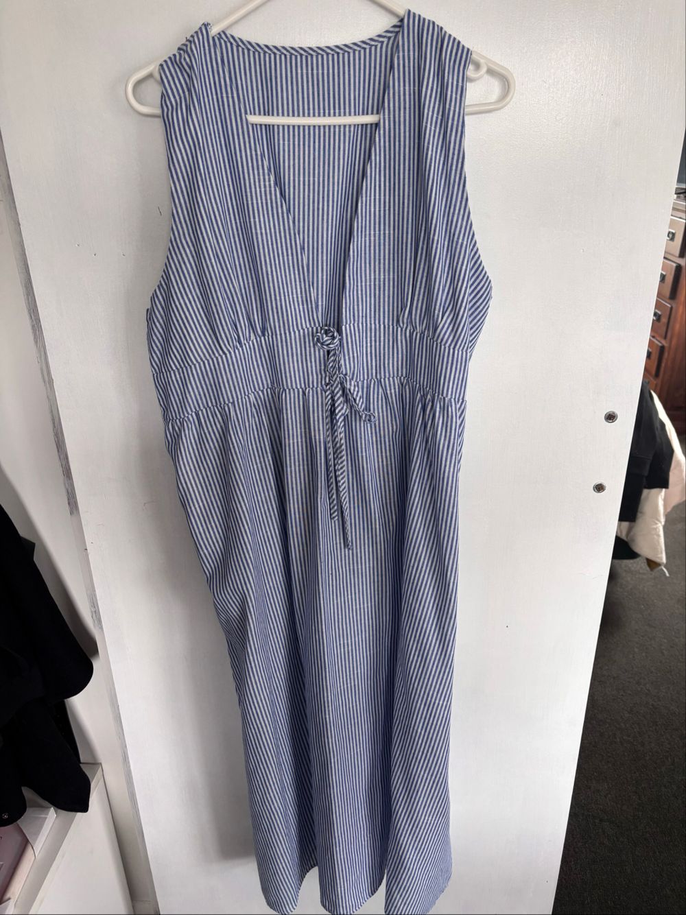 Blue and White Striped Sleeveless Midi Dress