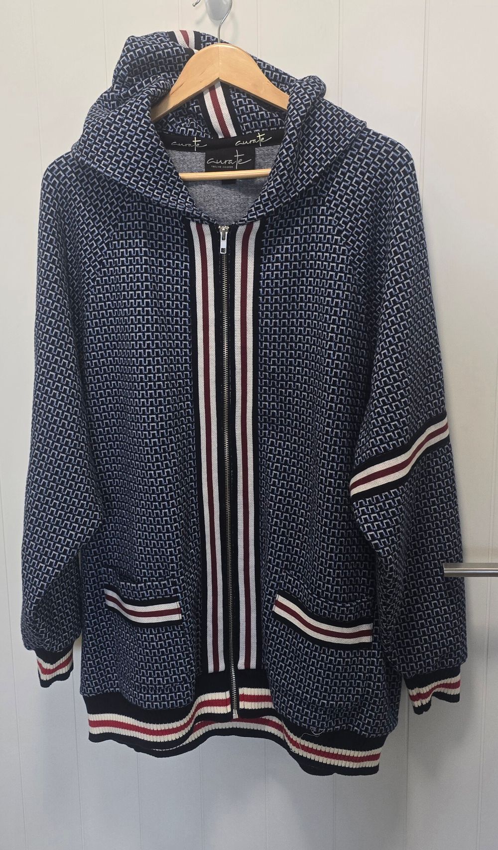 Curate Navy Geometric Knit Hoodie
