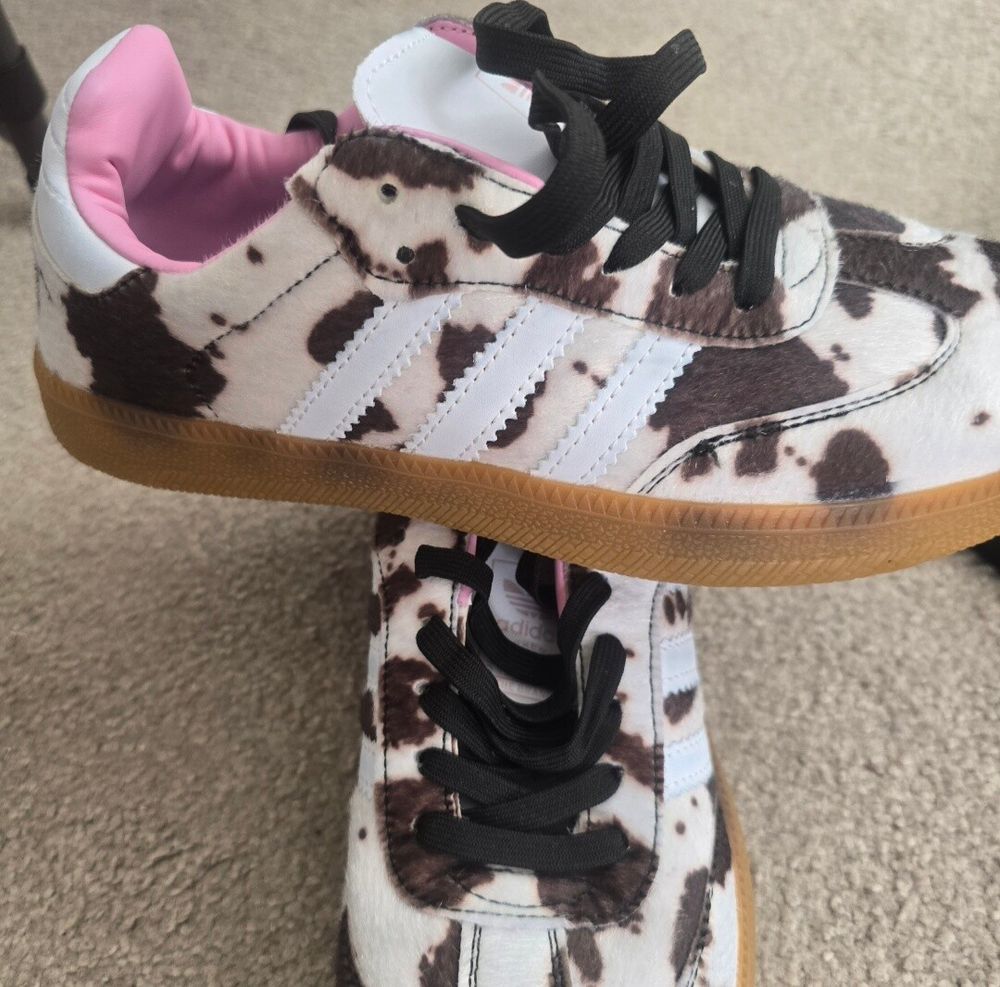 Adidas Brown and White Cow Print Sneakers