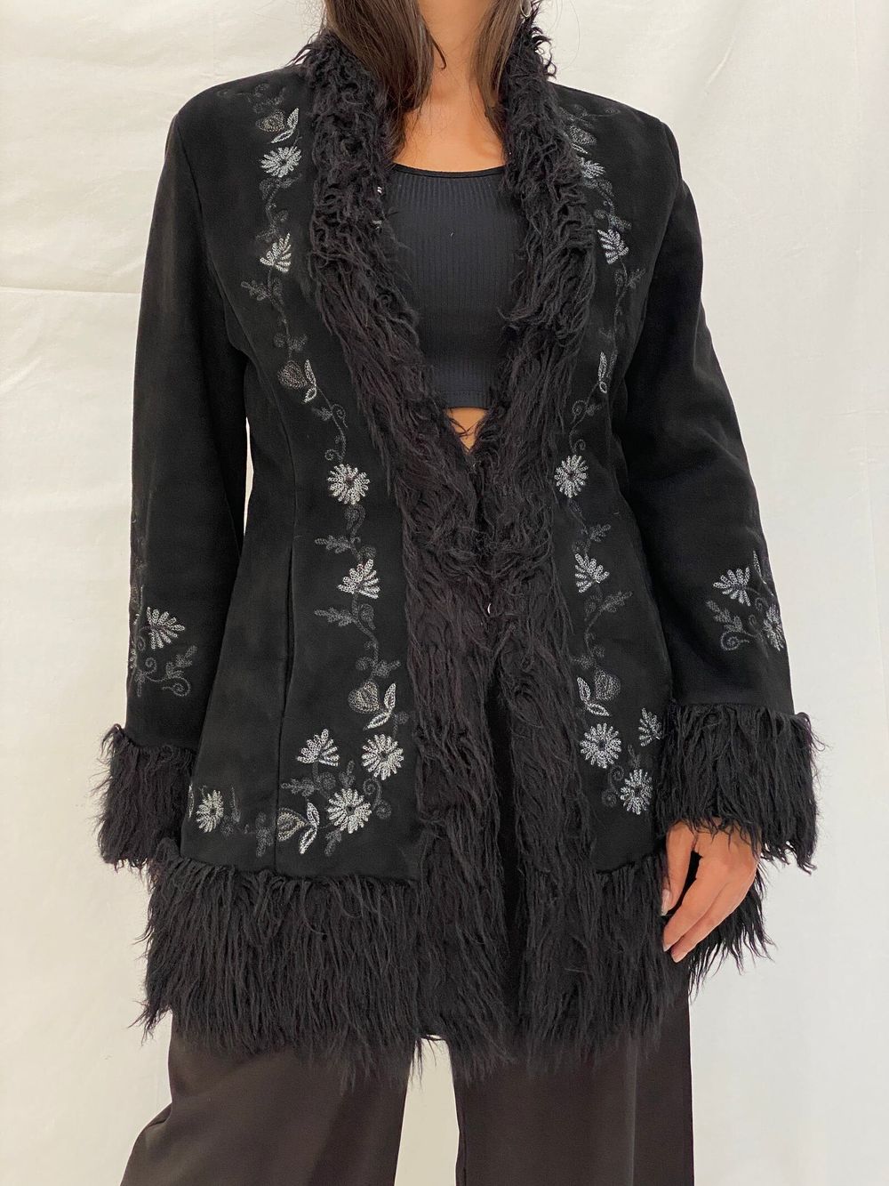 Vintage Black Embroidered Penny Lane Coat Y2K