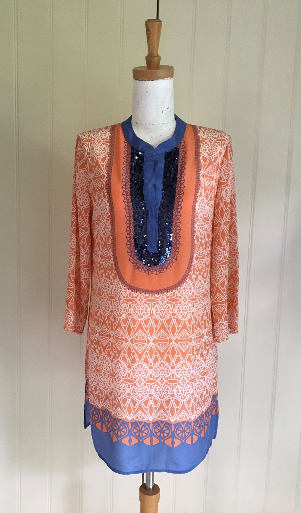 SILK DRESS Long TOP Kaftan Orange Blue Sequins detail Luisa Spagnoli Sz S 3/4 sleeve