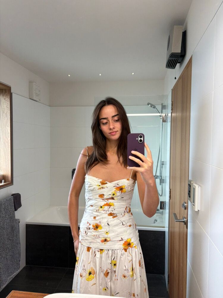 knee length dresses for ladies Well Versed Pleated Bust Front Split Dress Paint Print Blue/Orange– Selfie  Leslie main image 1