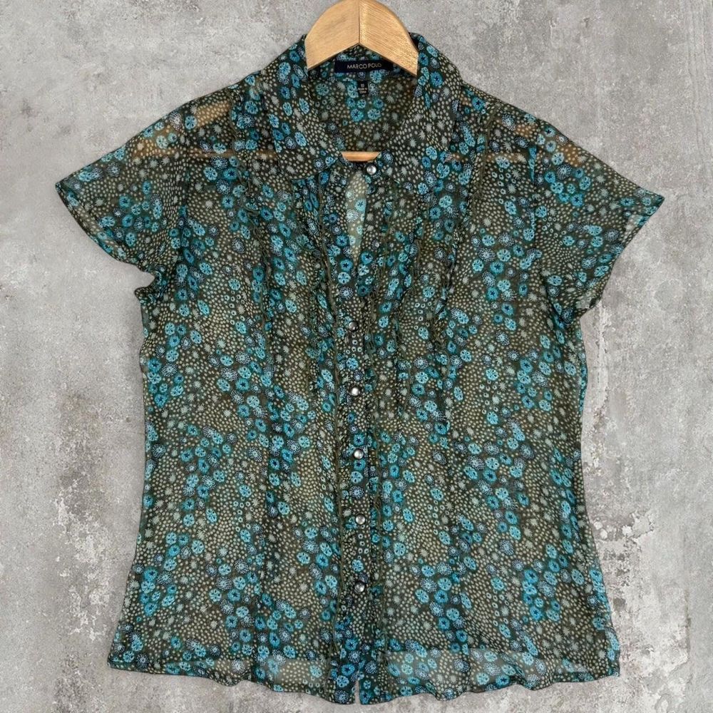 Marco Polo Green Floral Short Sleeve Shirt sheer