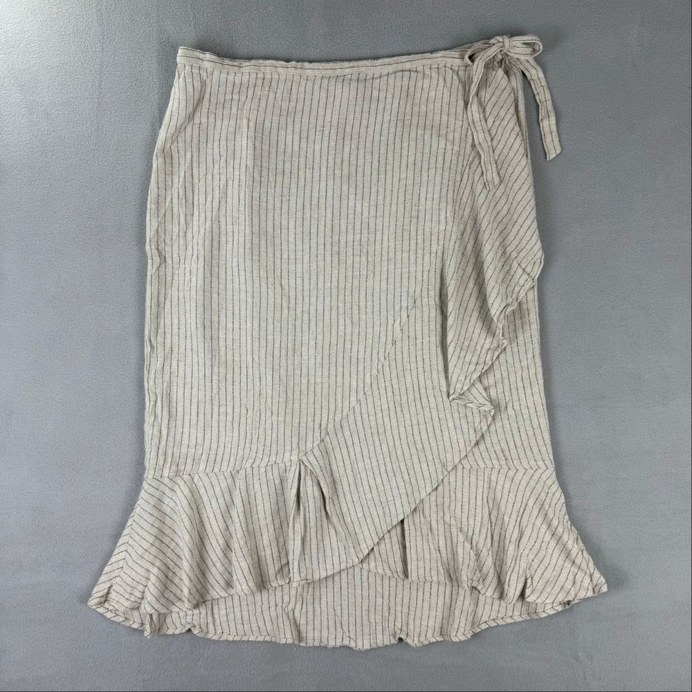 Repertoire linen cotton pinstripe midi cream wrap skirt ruffles