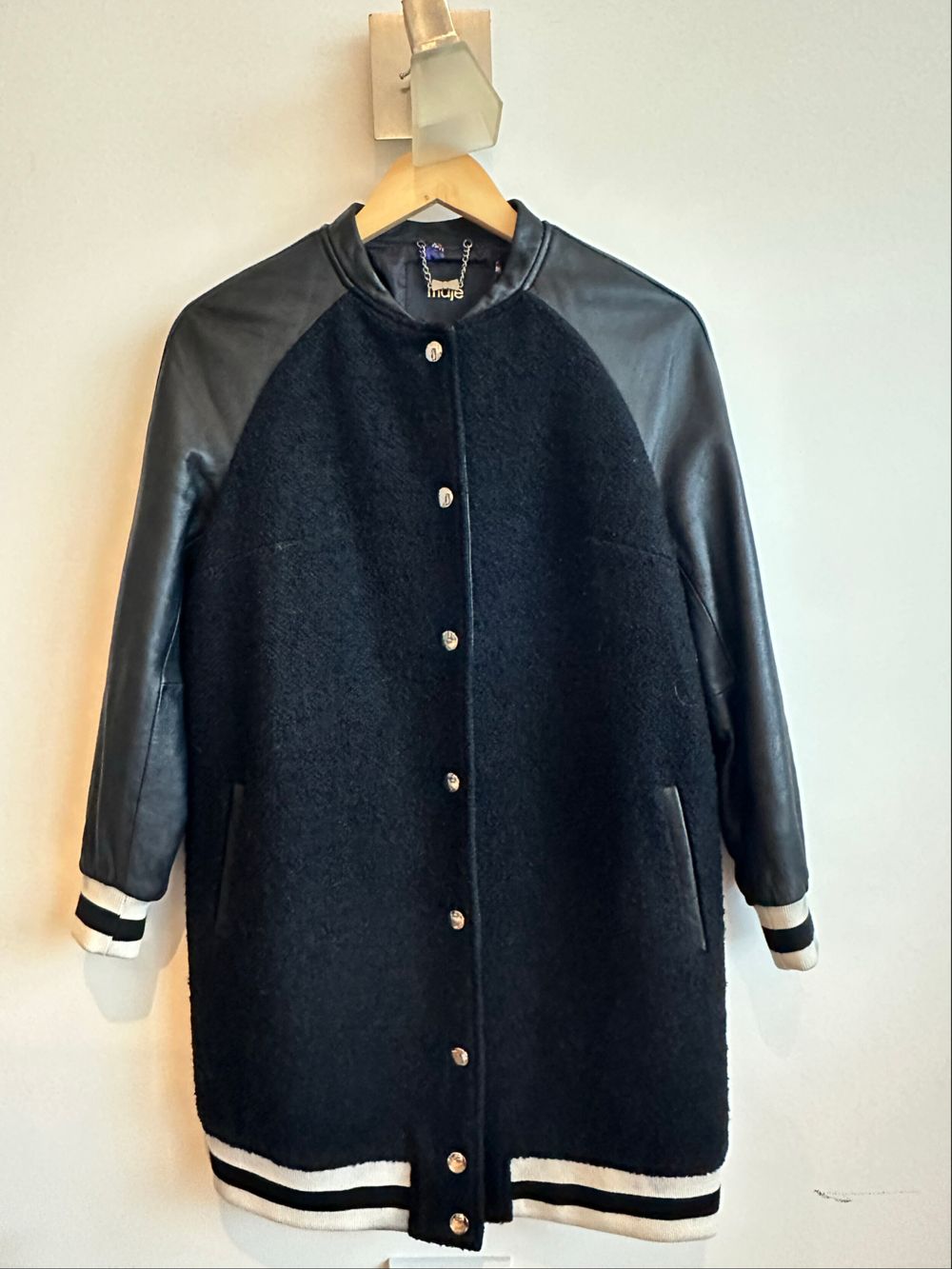 Maje Black Wool Leather Varsity Jacket