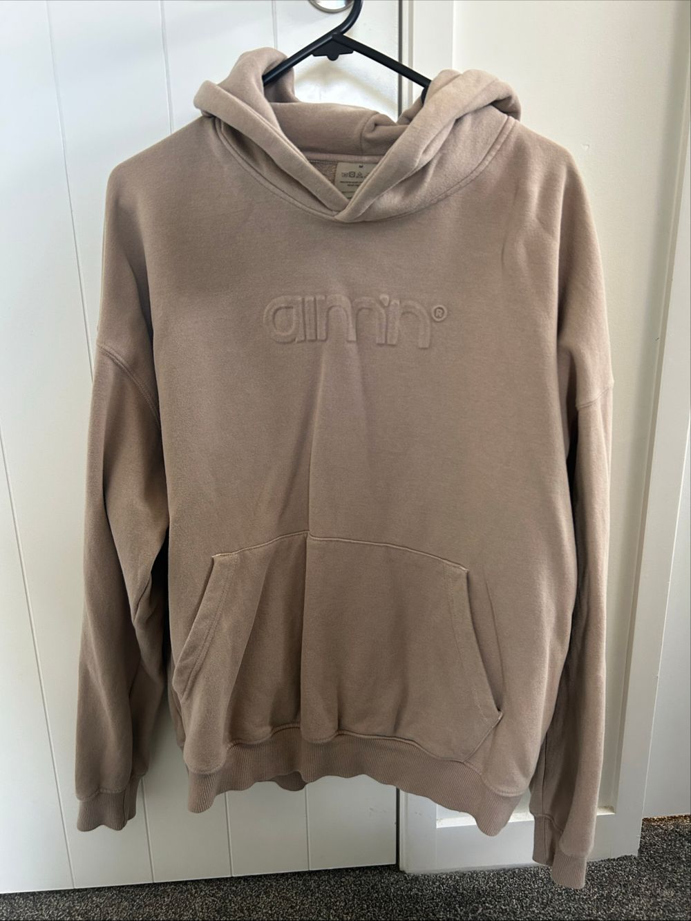Aimn Beige Embossed Logo Hoodie