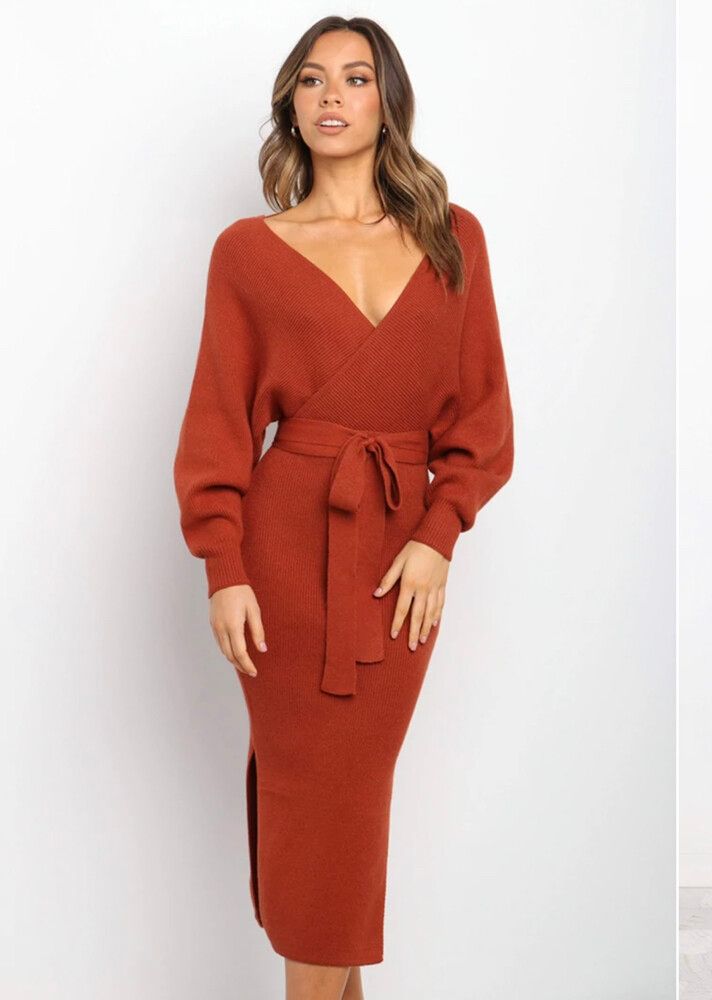 INDIKAH - MIDI Knit Bambina Dress - Rust on Designer Wardrobe