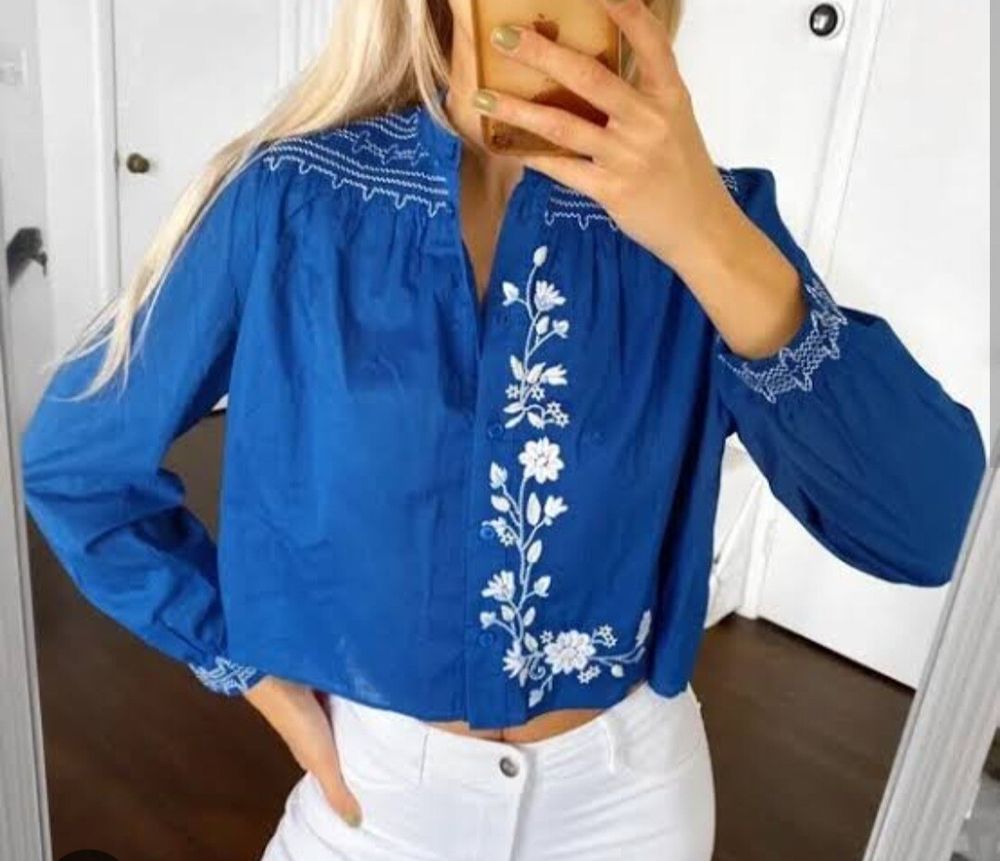 Zara Blue Floral Embroidered Blouse