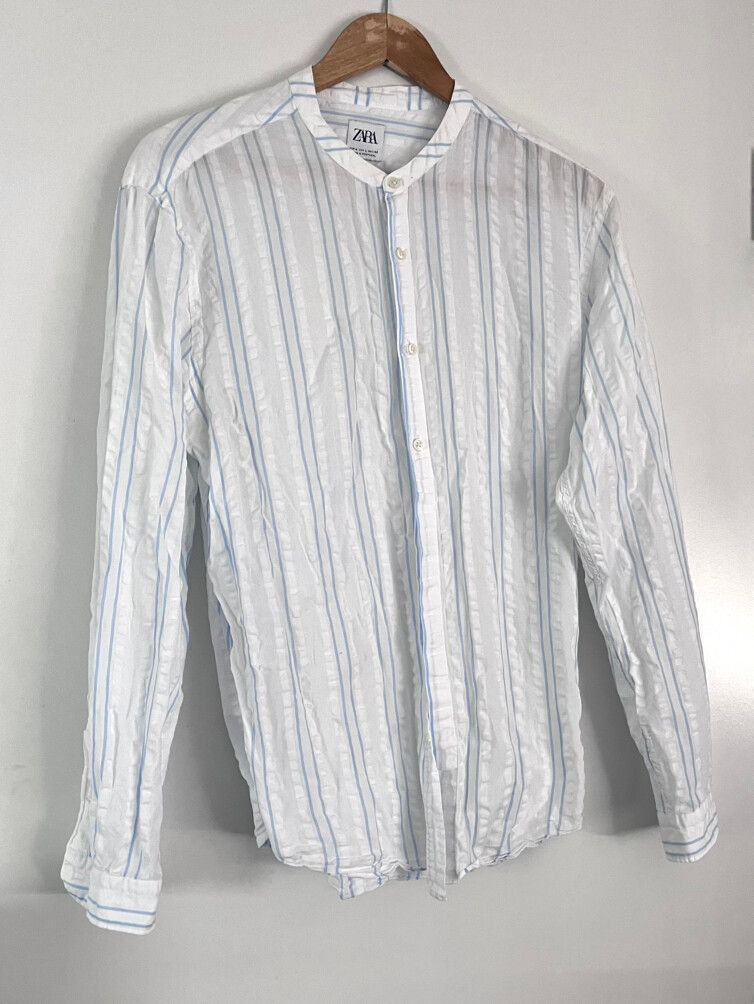 Cotton crinkle effect white n blue striped shirt