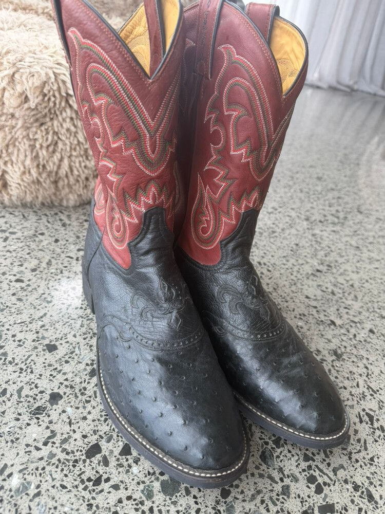 Tony Lama Black Red Cowboy Boots men’s Ostrich