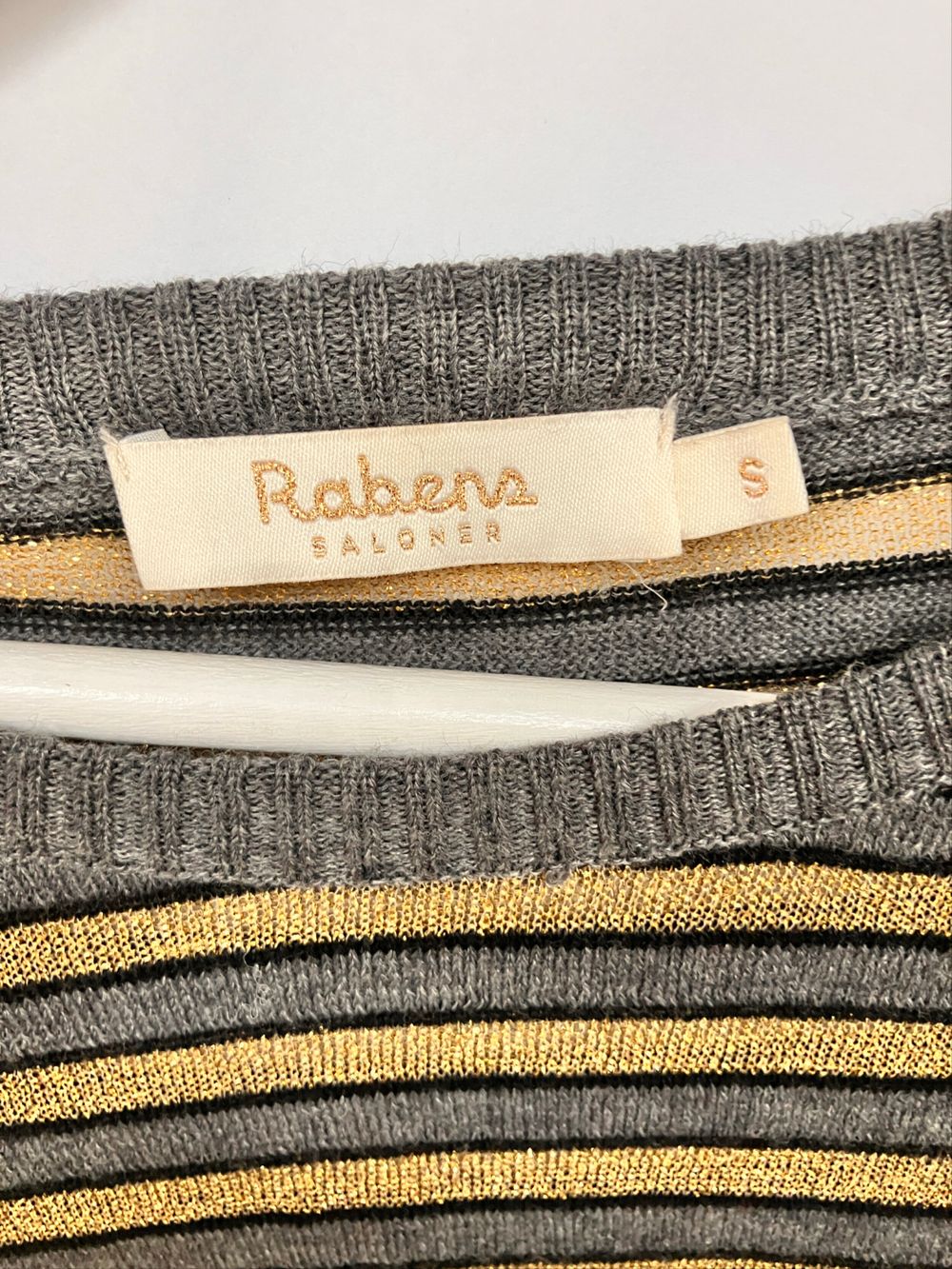 Rabens Saloner Grey and Gold Striped Jumper