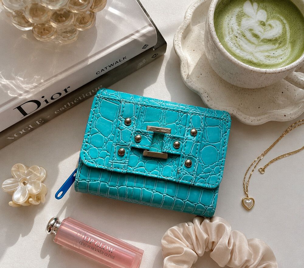 Y2K Turquoise Croc Embossed Guess inspired Mini Wallet | Aqua Blue Statement Purse