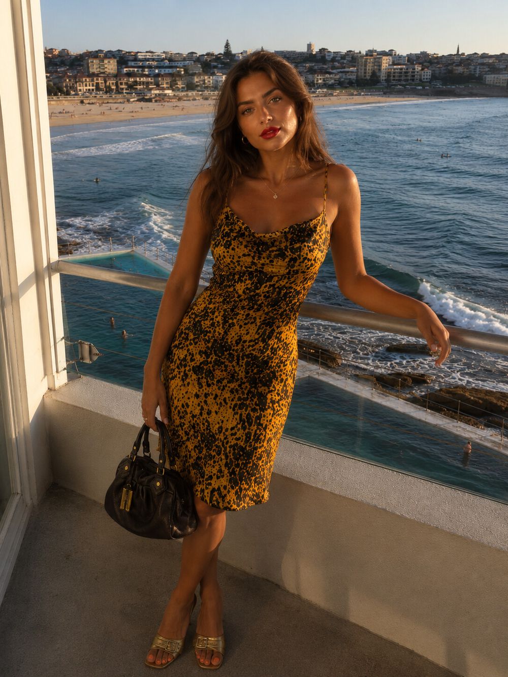 BEC + BRIDGE Yellow and Black Leopard Print Tie Up Slip Dress | AU 10