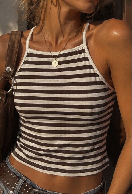 🤎 Chocolate Brown & Cream Striped Halter Top | Size 6