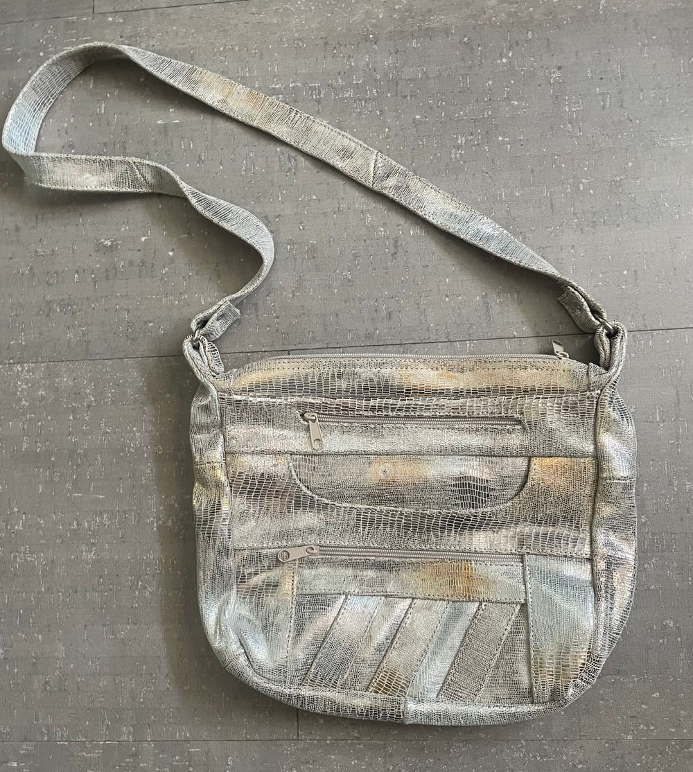 Silver metallic snakeskin leather handbag