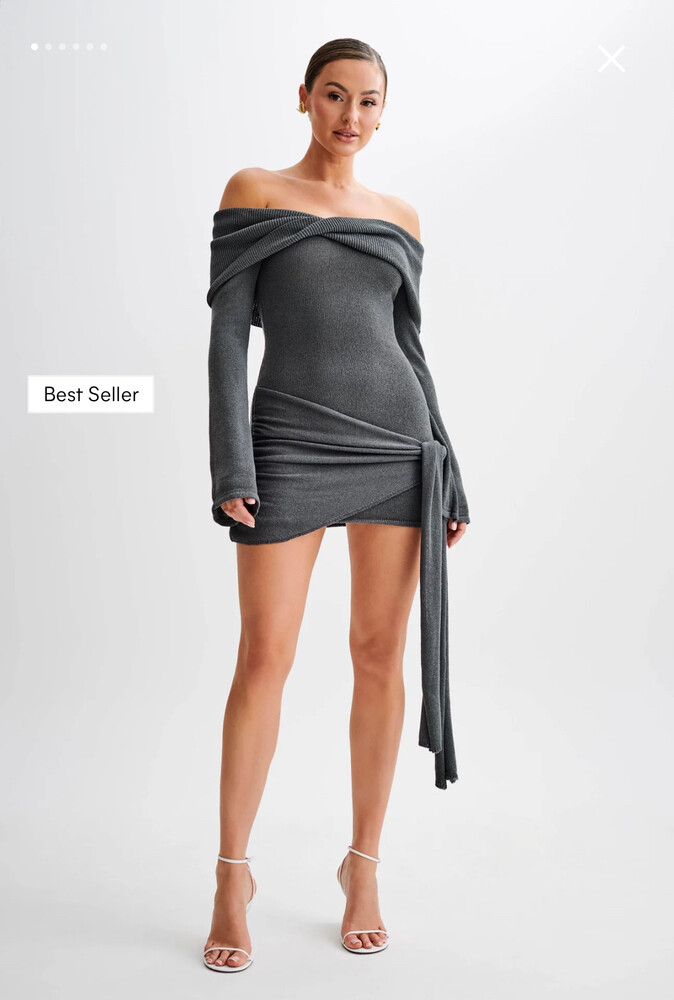 Meshki - Off Shoulder Tie Knit Mini Dress on Designer Wardrobe Meshki - Off Shoulder Tie Knit Mini Dress on Designer Wardrobe