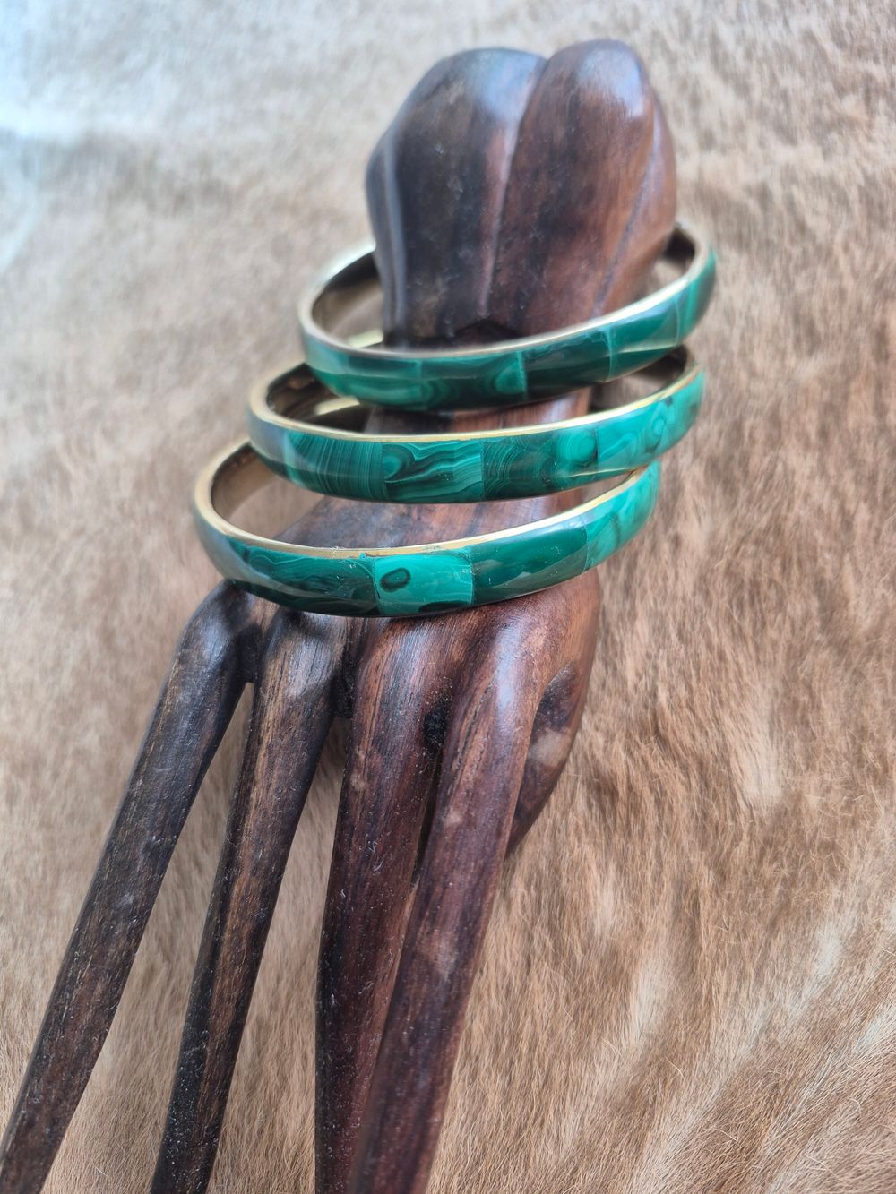 Vintage 1950s - 1960s Brass with Malachite bangles.